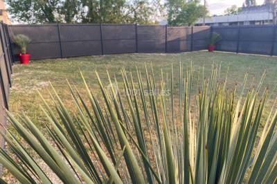 Vue d'un jardin clôturé avec pelouse, deux pots rouges contenant des plantes et un premier plan de feuilles vertes.
