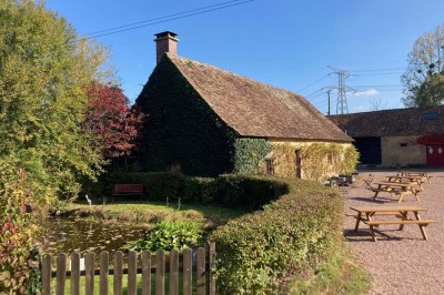 Deux toilettes séparées par une cloison, chacune équipée d'un lavabo, d'un miroir et d'un éclairage au plafond.