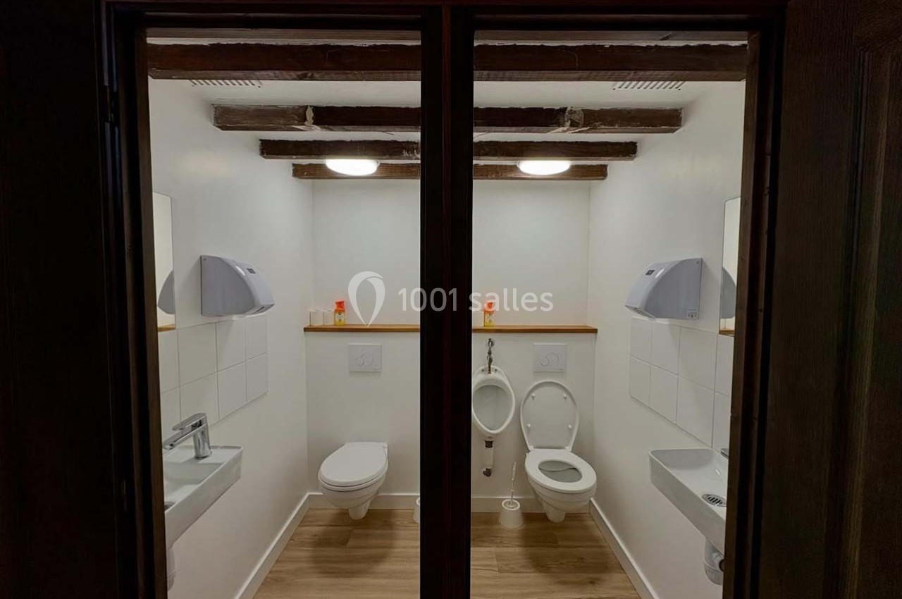 Deux toilettes séparées par une cloison, chacune équipée d'un lavabo, d'un miroir et d'un éclairage au plafond.