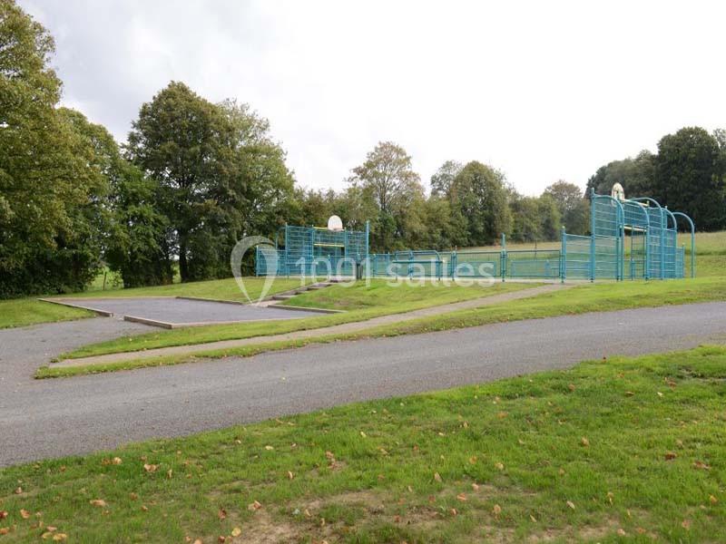 Terrain multisports extérieur avec paniers de basket, entouré de pelouse et d'arbres en arrière-plan.