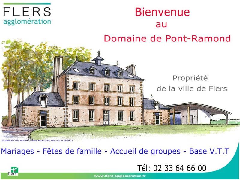 Illustration d'un grand bâtiment ancien entouré de verdure, avec des informations sur le Domaine de Pont-Ramond.