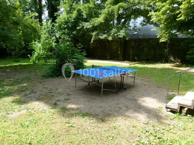 Table de ping-pong bleue installée dans un jardin ombragé, entourée de verdure et de buissons.