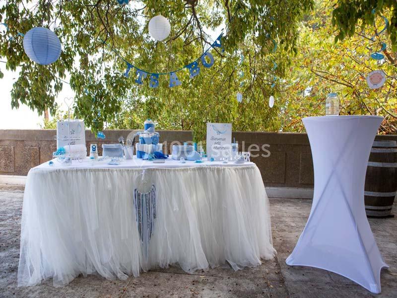 Table décorée pour une fête en extérieur avec thème bleu et blanc, ornée de guirlandes et accessoires pour bébé.