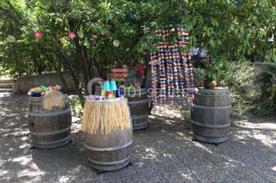 Miniature Location salle Sète (Hérault) - Le Jardin #22 Un vélo vintage avec un panier de fleurs, entouré de pots et arrosoirs fleuris sur un sol en gravier.