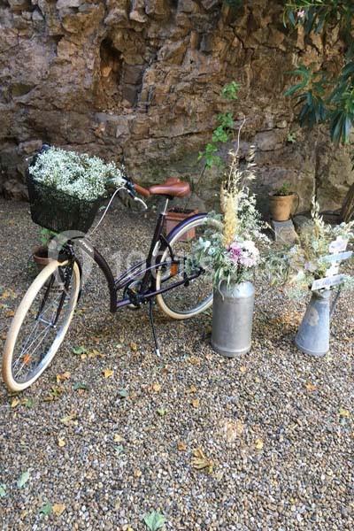 Un vélo vintage avec un panier de fleurs, entouré de pots et arrosoirs fleuris sur un sol en gravier.