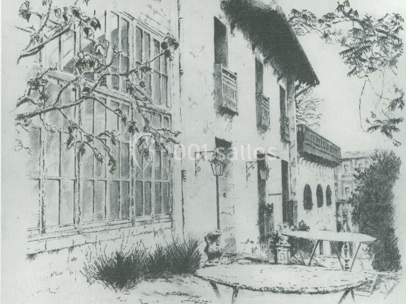 Dessin en noir et blanc d'une maison ancienne avec fenêtres à carreaux, terrasse et arbres en premier plan.