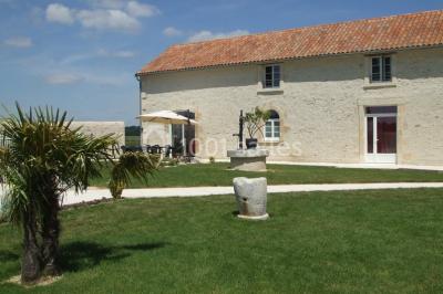 Miniature Location salle Chauvigny (Vienne) - Les Gîtes d’Isel #2 Terrasse avec table, chaises en plastique et parasol, située devant une maison en pierre avec jardin gazonné.