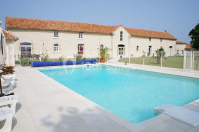 Miniature Location salle Chauvigny (Vienne) - Les Gîtes d’Isel #5 Terrasse avec table, chaises en plastique et parasol, située devant une maison en pierre avec jardin gazonné.