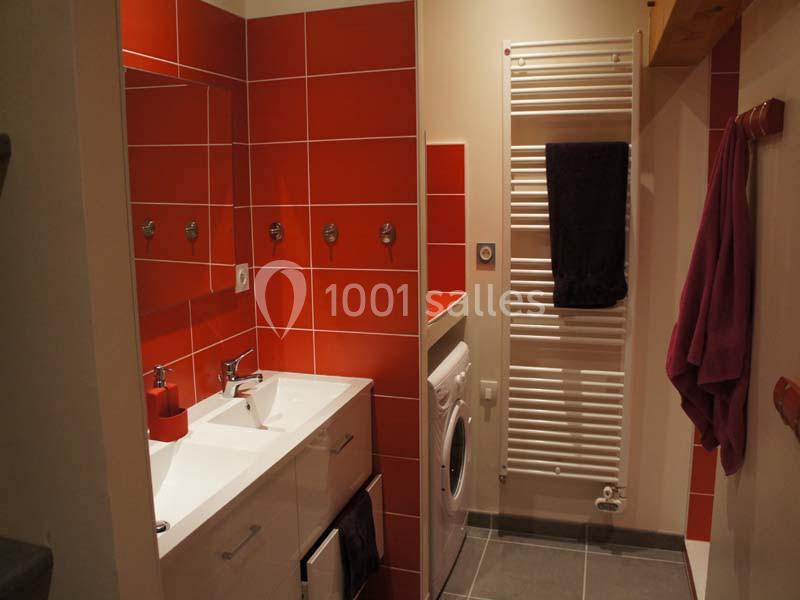 Salle de bain avec carrelage rouge, double vasque, sèche-serviettes, lave-linge et serviettes suspendues.