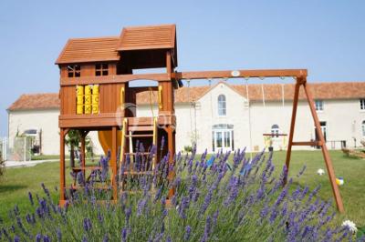 Miniature Location salle Chauvigny (Vienne) - Les Gîtes d’Isel #7 Piscine éclairée de nuit, entourée d'une clôture et de chaises longues sous des parasols.