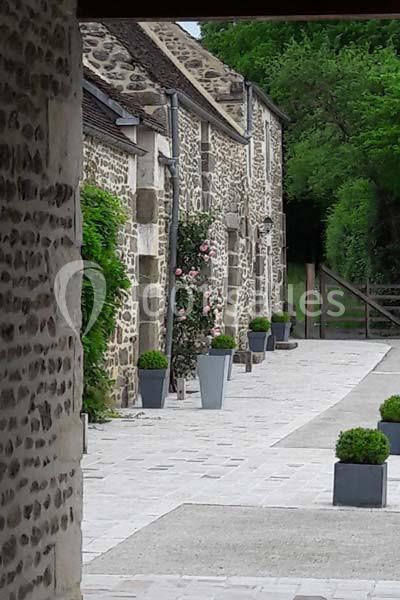 Façade en pierre d'une maison avec des plantes en pot alignées le long d'une allée pavée.