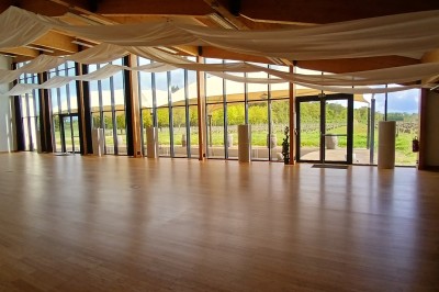Deux cabanes en bois entourées de vignes et de verdure sous un ciel bleu dégagé.