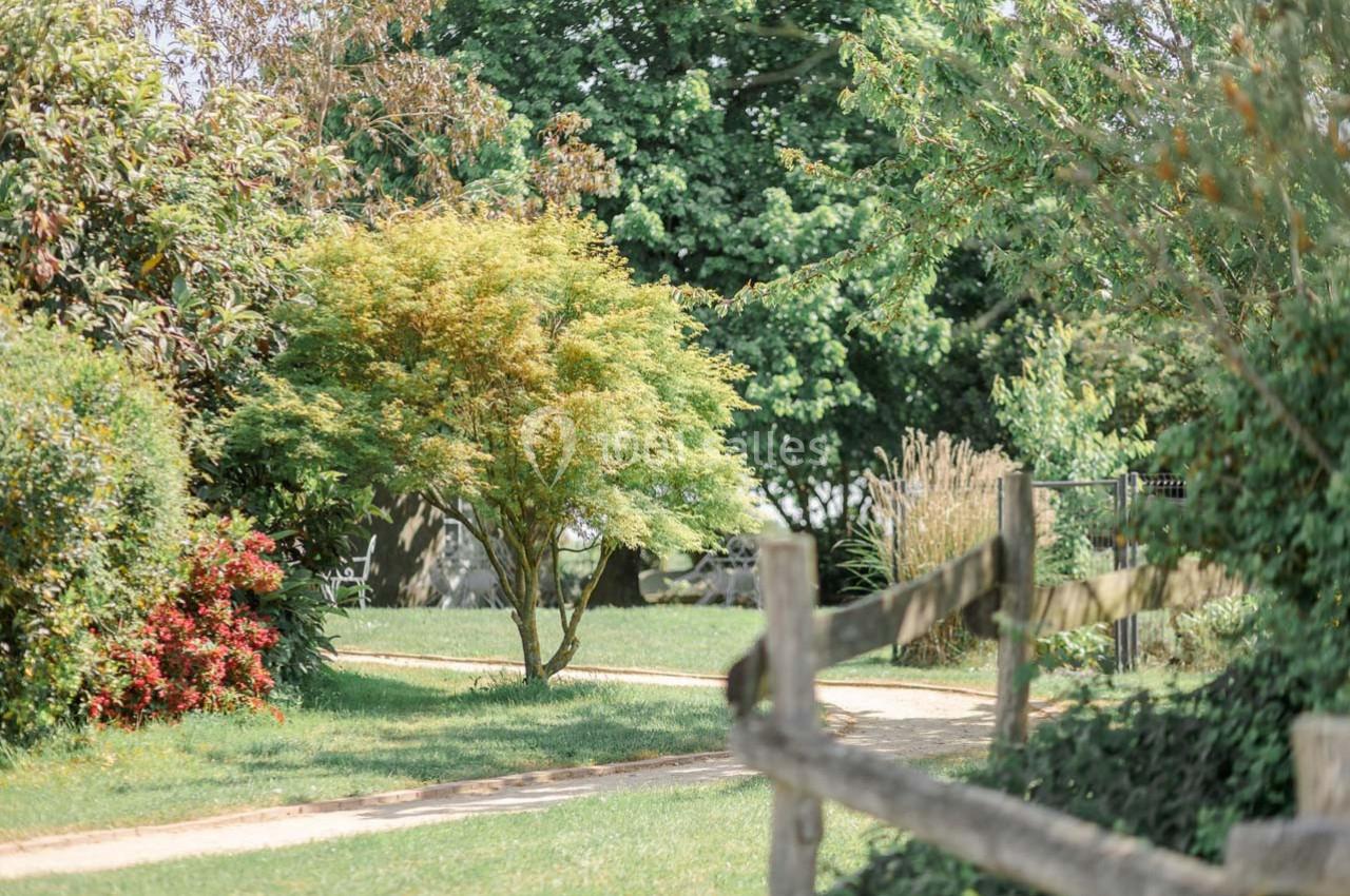 Allée bordée de verdure avec un arbre au feuillage clair, une clôture en bois et des buissons fleuris.