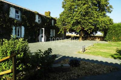 Espace salon lumineux avec fauteuils en osier, cheminée en pierre, piano, plantes et fenêtre donnant sur un jardin.