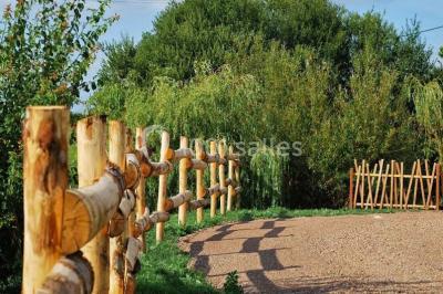 Espace salon lumineux avec fauteuils en osier, cheminée en pierre, piano, plantes et fenêtre donnant sur un jardin.