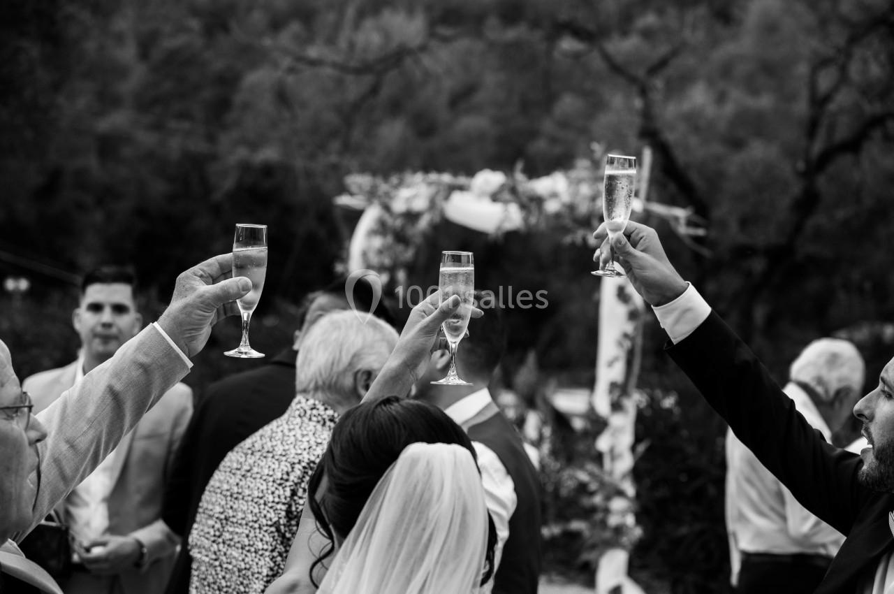 Des invités lèvent des flûtes de champagne lors d'une célébration en plein air devant une arche décorée.