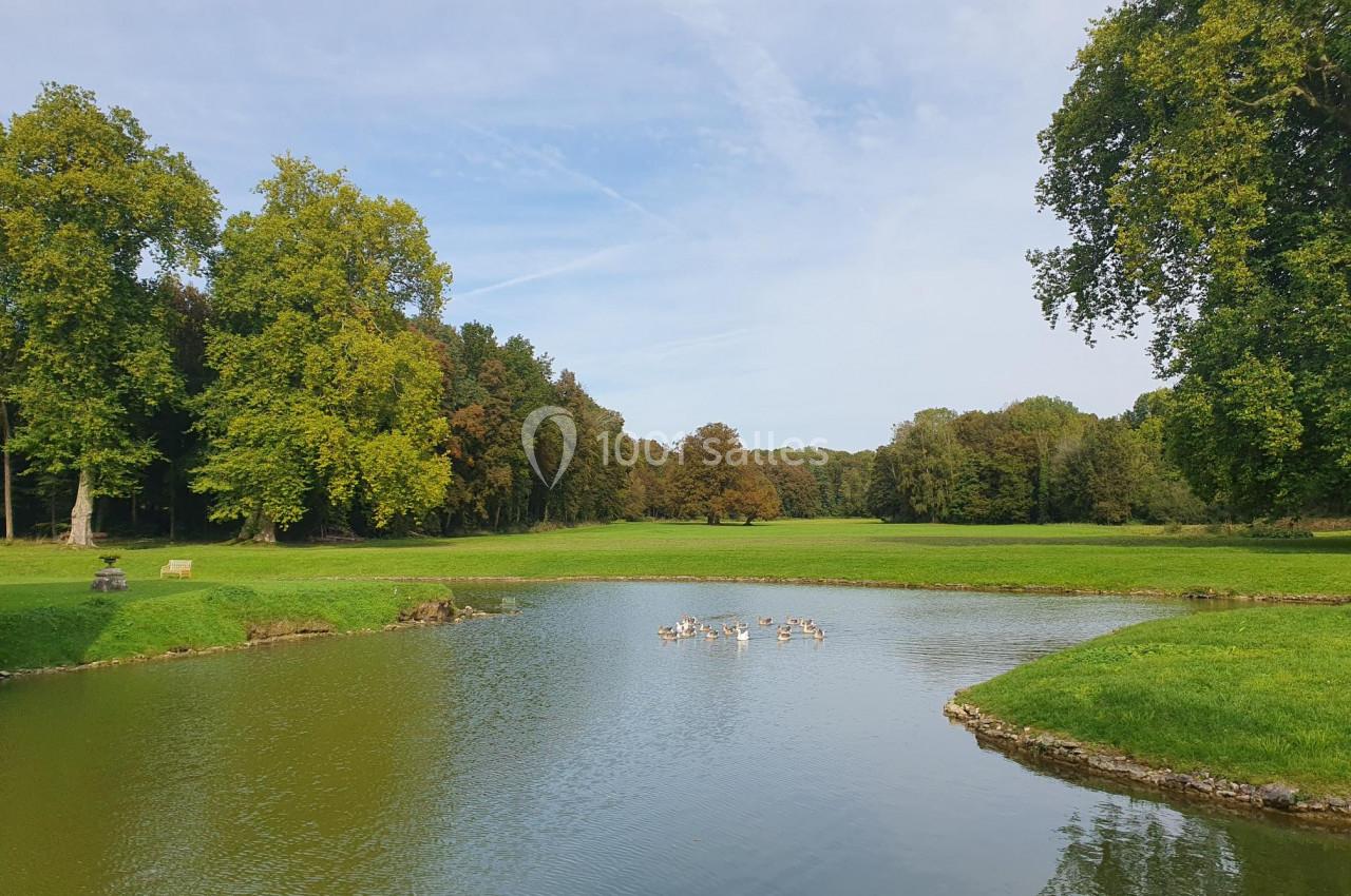 Étang entouré de pelouses et d'arbres, avec un groupe d'oiseaux flottant sur l'eau sous un ciel dégagé.