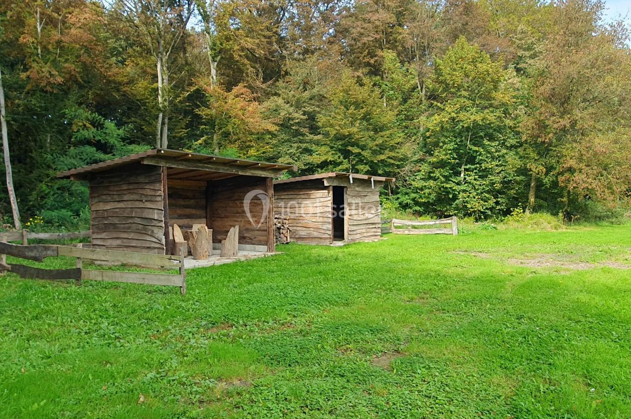 Deux abris en bois rustiques dans une clairière verdoyante, entourés d'arbres en arrière-plan.