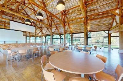 Espace d'attente avec fauteuils noirs, tables basses, escalier en bois courbé et plantes dans un intérieur lumineux.