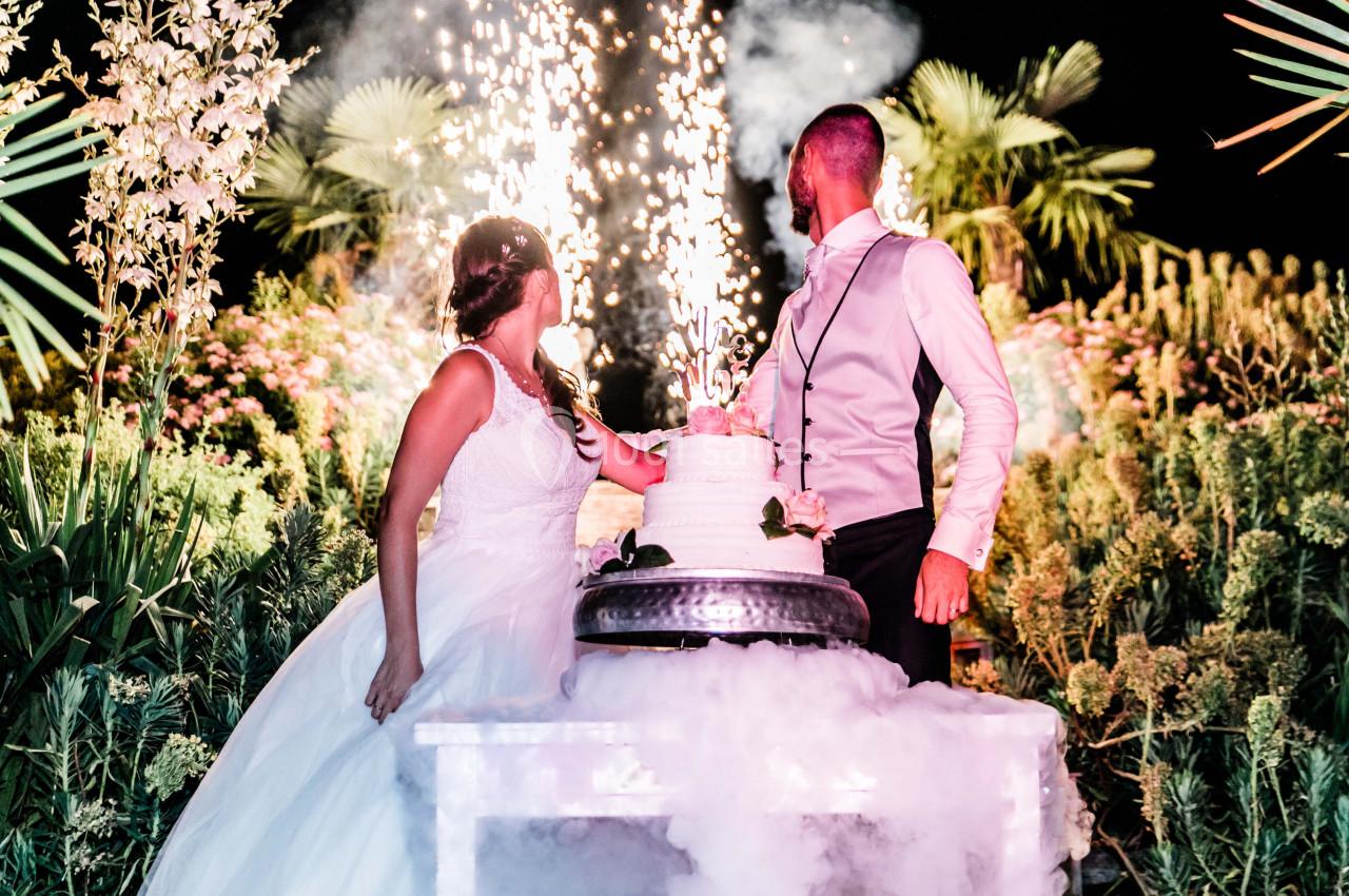 Un couple en tenue de mariage coupe un gâteau devant un décor végétal illuminé par des étincelles.