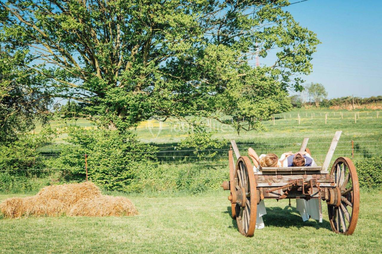 Deux enfants assis dans une charrette en bois dans un champ verdoyant, près d'une botte de paille et d'un arbre.