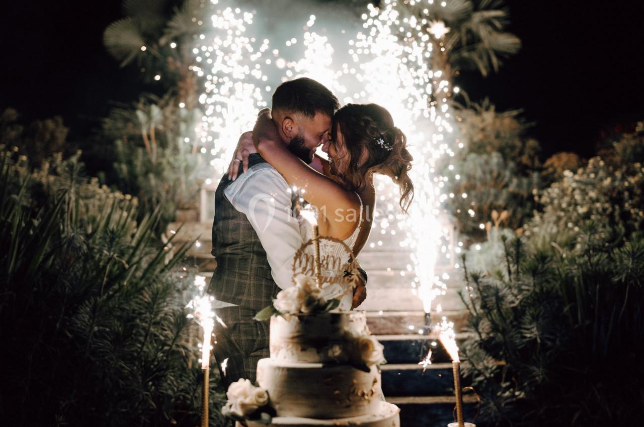 Un couple s'enlace devant un gâteau de mariage, entouré d'étincelles et d'une végétation luxuriante.