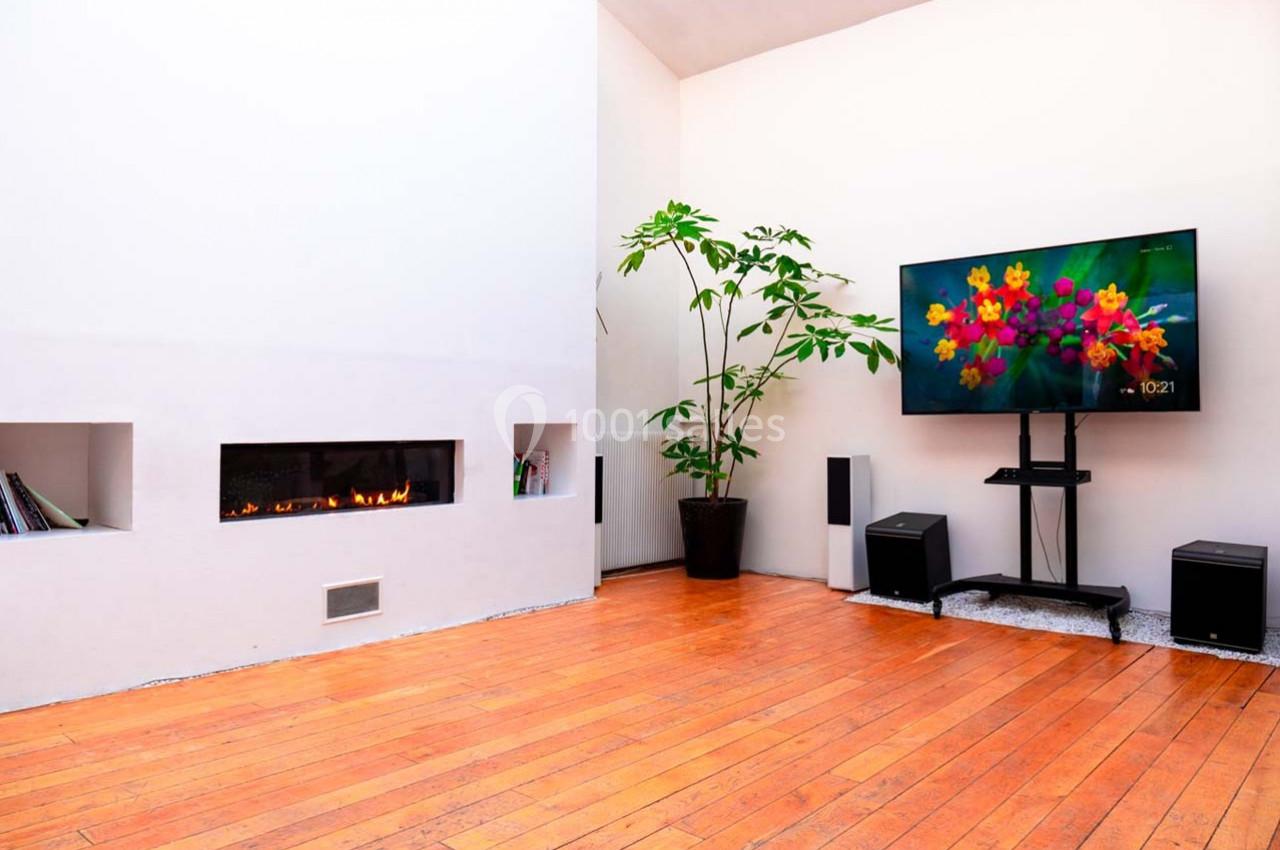 Salon moderne avec parquet, cheminée encastrée, plante en pot et télévision affichant des fleurs colorées.