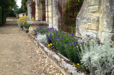 Château en pierre éclairé à la tombée de la nuit, entouré d'arbres et surmonté d'un ciel nuageux.