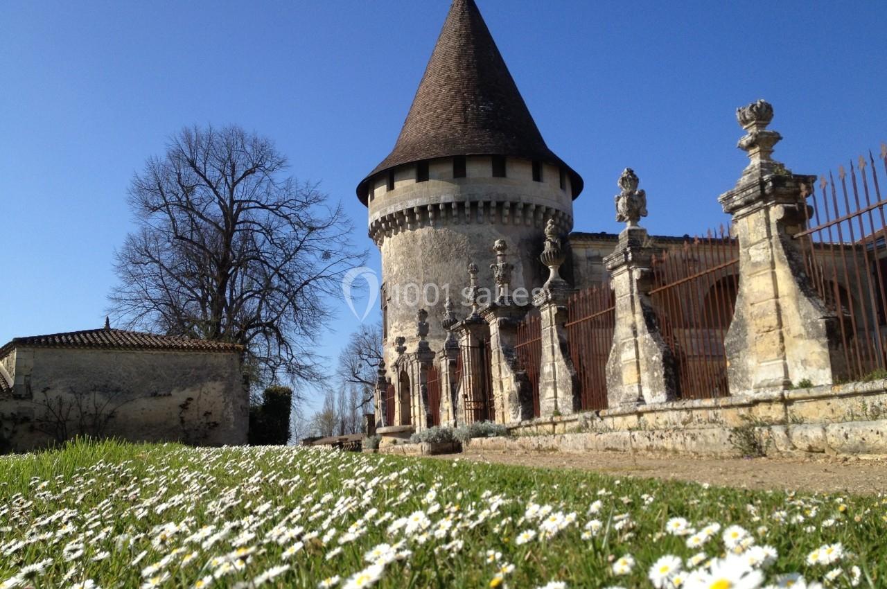 Tour en pierre avec un toit conique, entourée d'une grille et d'un parterre de marguerites sous un ciel bleu.