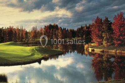 Paysage automnal avec un lac reflétant des arbres aux feuilles rouges et orangées sous un ciel nuageux.