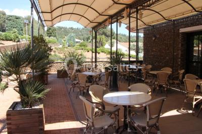 Terrasse en bois aménagée avec des tables, des chaises et des parasols blancs, entourée de végétation.