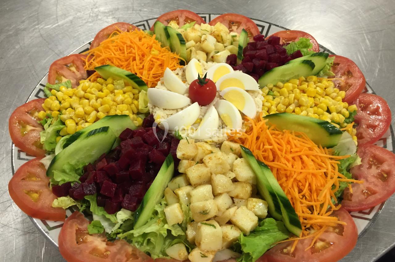 Assiette composée de légumes variés, œufs durs et tomate cerise, disposés en cercle sur un lit de salade.