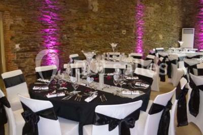 Logo du Jardin Leray avec un dessin stylisé d'arbre blanc et vert sur fond marron, accompagné du texte ’Gîte et Réceptions’.