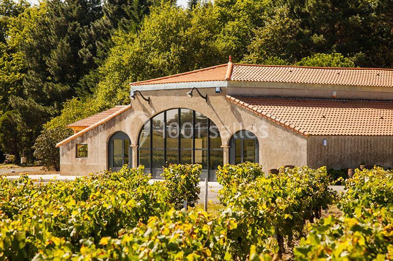 Bâtiment en pierre avec toit en tuiles rouges, entouré de vignes et bordé d'arbres sous un ciel dégagé.