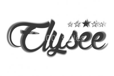 Logo en noir et blanc avec le mot ’Elysée’ en écriture cursive, accompagné de cinq étoiles au-dessus.