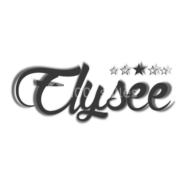 Logo en noir et blanc avec le mot ’Elysée’ en écriture cursive, accompagné de cinq étoiles au-dessus.