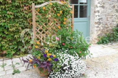 Armoire en bois ouverte contenant des verres, assiettes, bols, carafes et paniers soigneusement rangés sur des étagères.
