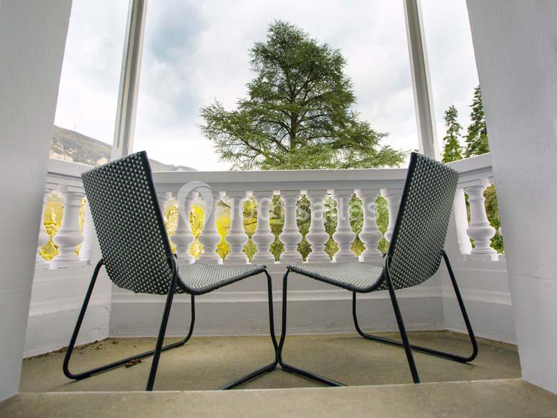 Deux chaises modernes face à une balustrade blanche, avec vue sur un grand arbre à travers une baie vitrée.