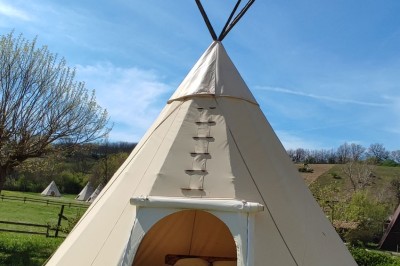 Tente tipi beige installée dans un champ verdoyant sous un ciel bleu, avec une ouverture laissant entrevoir l'intérieur.