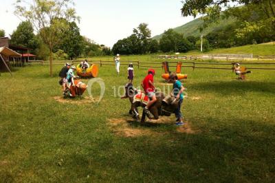 Tente tipi beige installée dans un champ verdoyant sous un ciel bleu, avec une ouverture laissant entrevoir l'intérieur.
