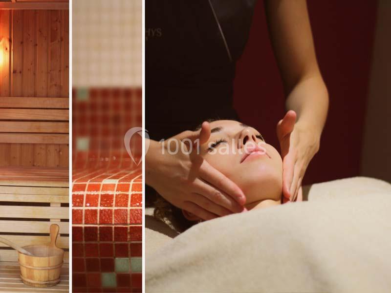 Femme recevant un massage du visage, avec des images de sauna et mosaïques en arrière-plan.