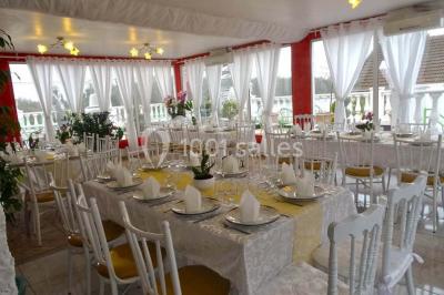 Décoration intérieure avec comptoir en marbre, plantes, ballons dorés et blancs disposés sur une structure décorative.