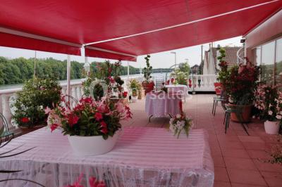 Décoration intérieure avec comptoir en marbre, plantes, ballons dorés et blancs disposés sur une structure décorative.