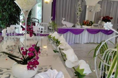 Décoration intérieure avec comptoir en marbre, plantes, ballons dorés et blancs disposés sur une structure décorative.