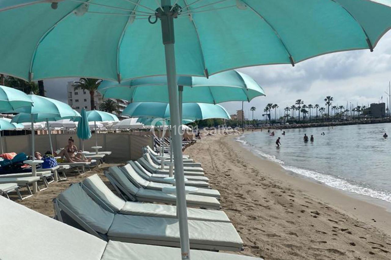Chaises longues et parasols turquoise alignés sur une plage de sable, avec des baigneurs et des palmiers en arrière-plan.