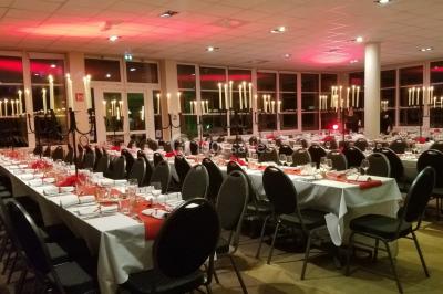 Plan d'eau entouré de pelouses et d'arbres, avec deux bouleaux au premier plan sous un ciel bleu.