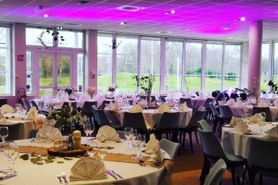 Plan d'eau entouré de pelouses et d'arbres, avec deux bouleaux au premier plan sous un ciel bleu.