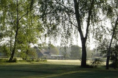 Plan d'eau entouré de pelouses et d'arbres, avec deux bouleaux au premier plan sous un ciel bleu.