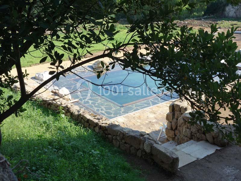 Piscine en pierre entourée de végétation et d'un muret, avec un chemin en terre à proximité.