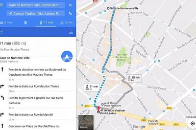 Carte montrant un itinéraire entre Nanterre et Neuilly-sur-Seine avec des routes principales et des points de repère.